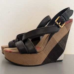 Burberry Black and Tan Plaid Wedge Sandals